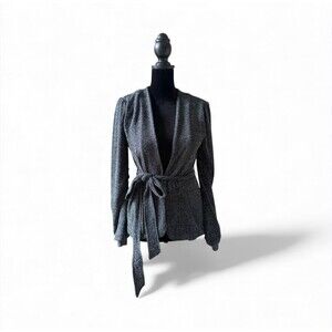 BCBGeneration Metallic Glitter Wrap Top XS Silver Shimmer Long Sleeve Tie Waist